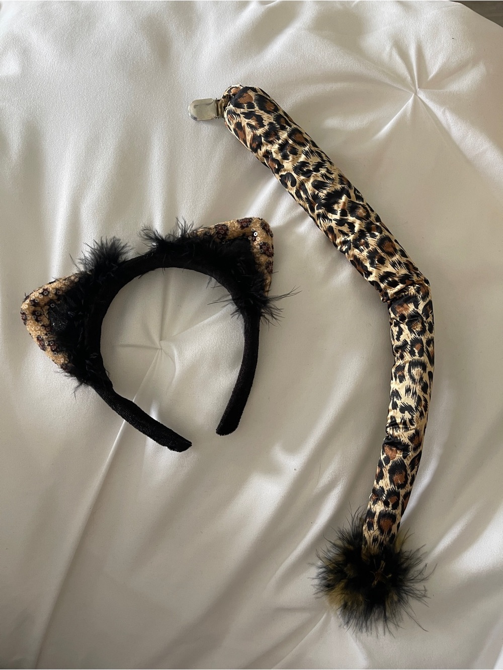 Leopard Print Cat Ear Headband with Tail Set